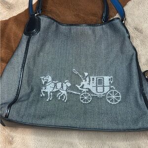 Coach Denim Tote with White Carriage Motif and Blue Trim